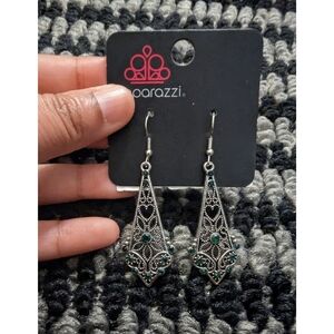 Paparazzi Silver Earrings with Green Accents